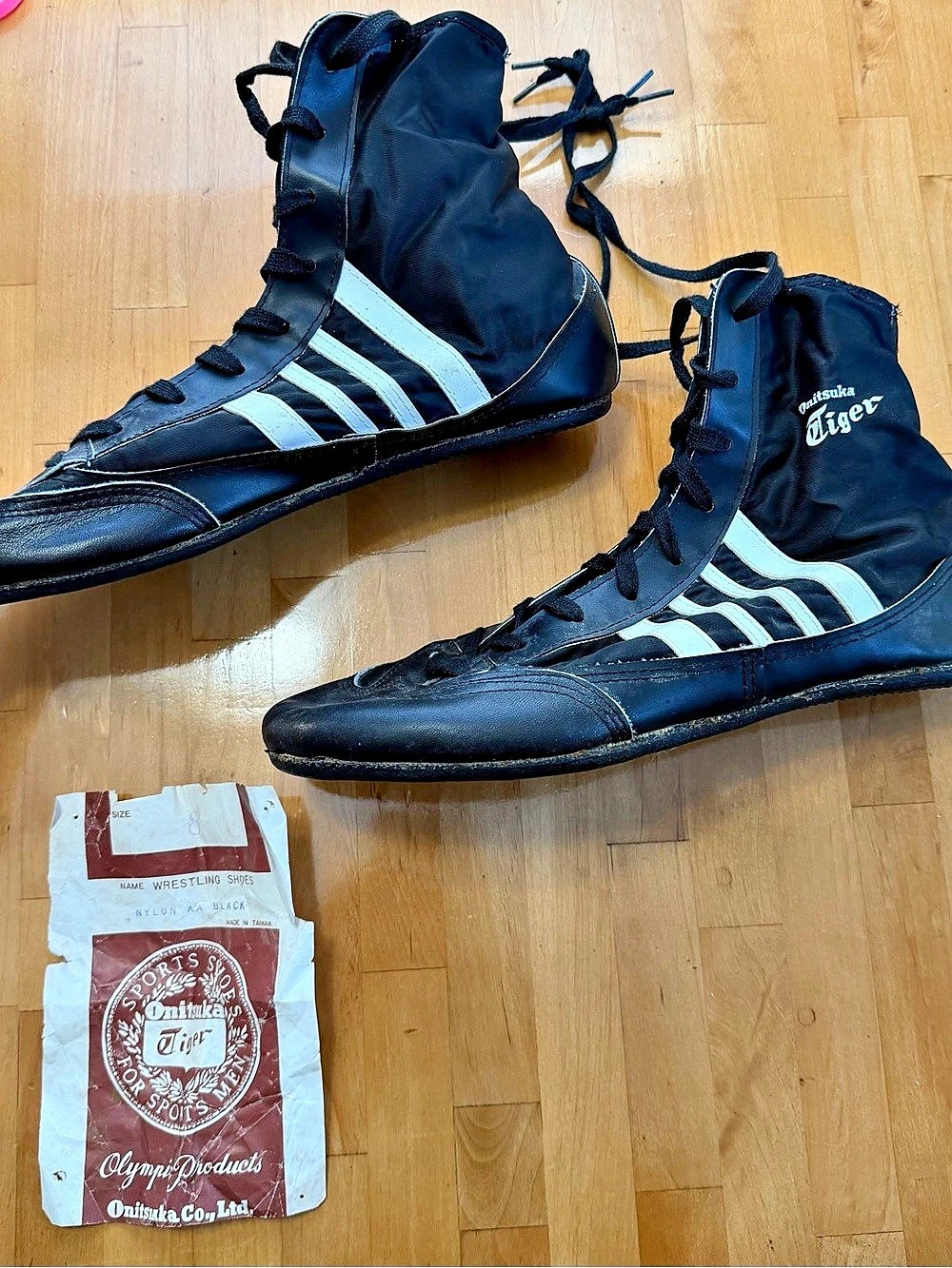 Vtg Onitsuka Tiger High Top Wrestling Boxing Shoes Black White Stripes w/ Paper
